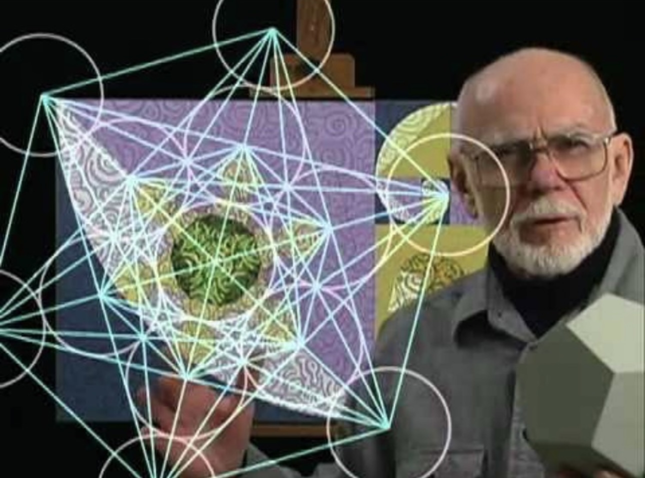 Charles Leslie Gilchrist with his sacred geometry artwork